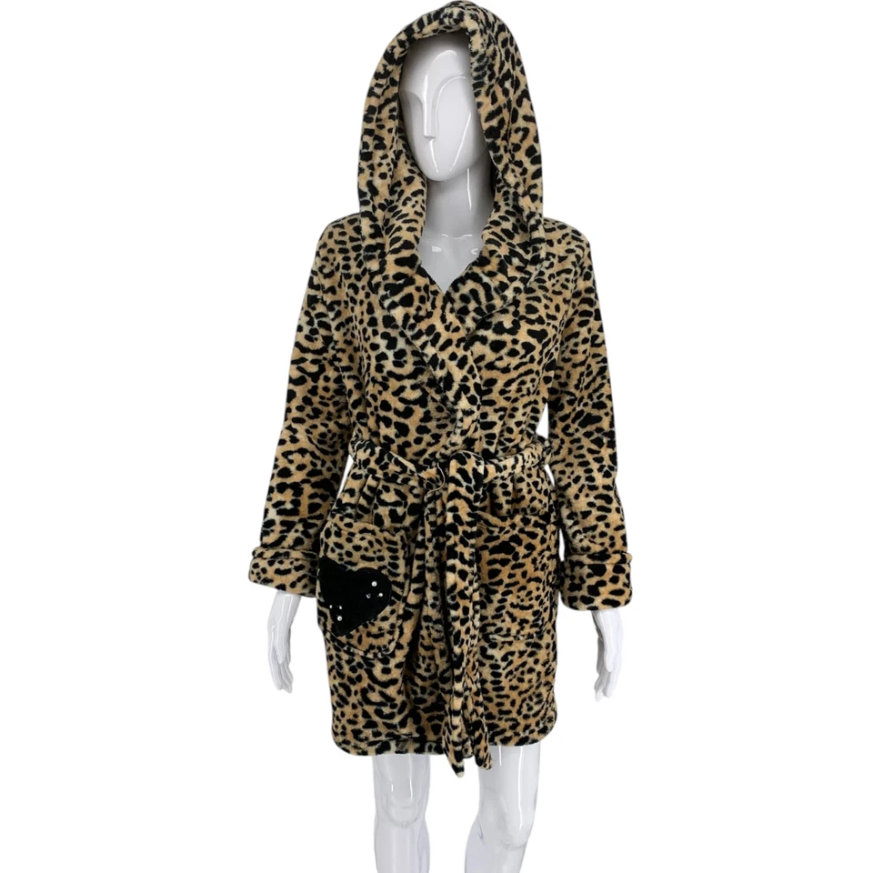 Betsey Johnson Sz XS/S Leopard Print Fluffy Fleece Hooded Shorty Robe Bathrobe - Image 2 of 4