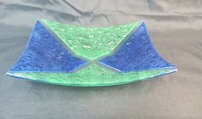 Fused Art Glass Blue Green Square Tray Plate Trinket Dish 9"x9"