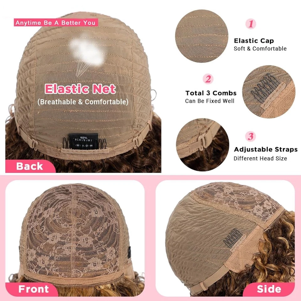 Peluca rizada marrón resaltada de 8 pulgadas con flequillo, sin pegamento, cabello brasileño Foto 4 de 4