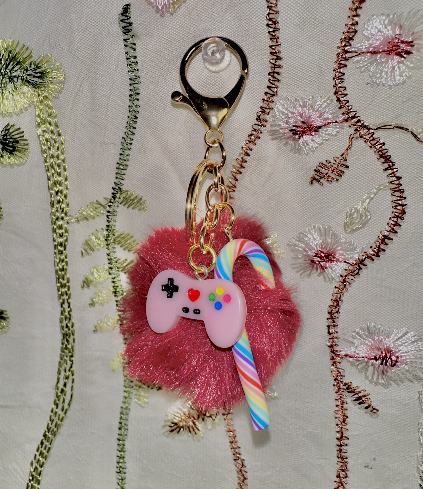 Pom Pom Keychain With Cute Charm Video Game Controller Candy Cane