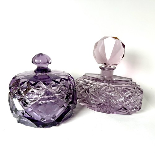 Amethyst Czech Cut Crystal perfume bottle Powder 1920’s Vanity vgc Set Of 2 RARE - Picture 3 of 16