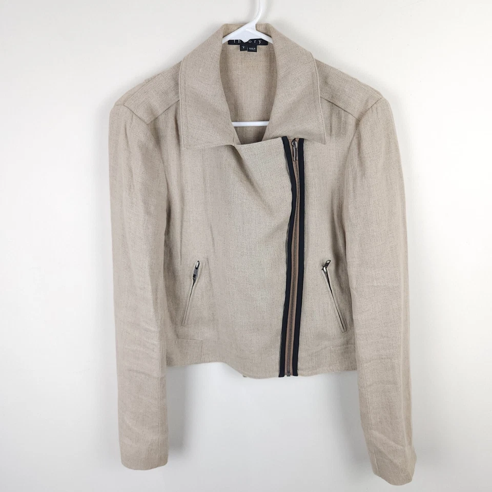 Theory Jacket Womens Large Beige Full Zip Linen Collared Pockets Long Sleeve - Image 2 of 4
