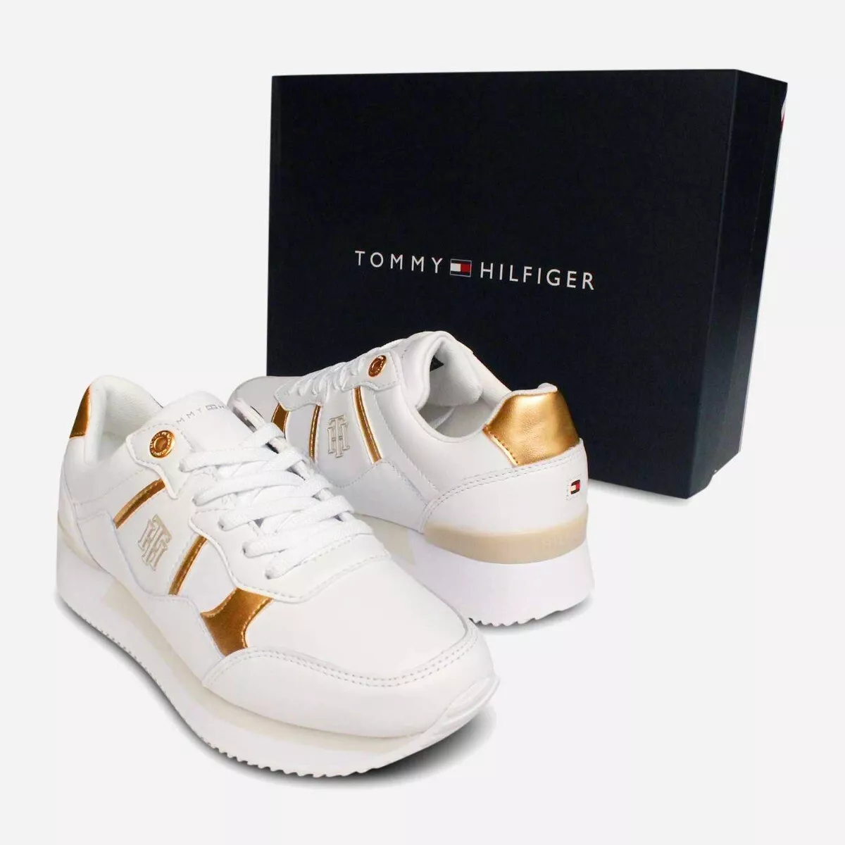 Tommy Hilfiger White and Gold Premium Women's Sneakers | eBay