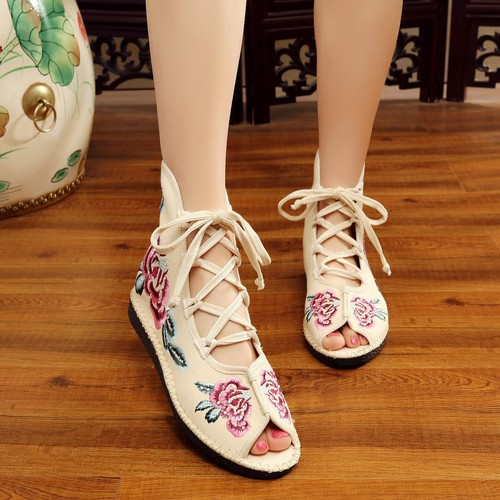 Women Floral Handmade Sandals Mary Cotton Slipper Chinese Embroidered Flat Shoes - Picture 3 of 13