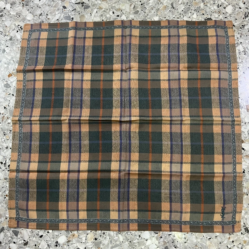 MAN HANKY PLAID & CHECK CLASSIC BEIGE BROWN VTG COTTON POCKET ART SQUARE18” #Y3 - Image 3 of 3