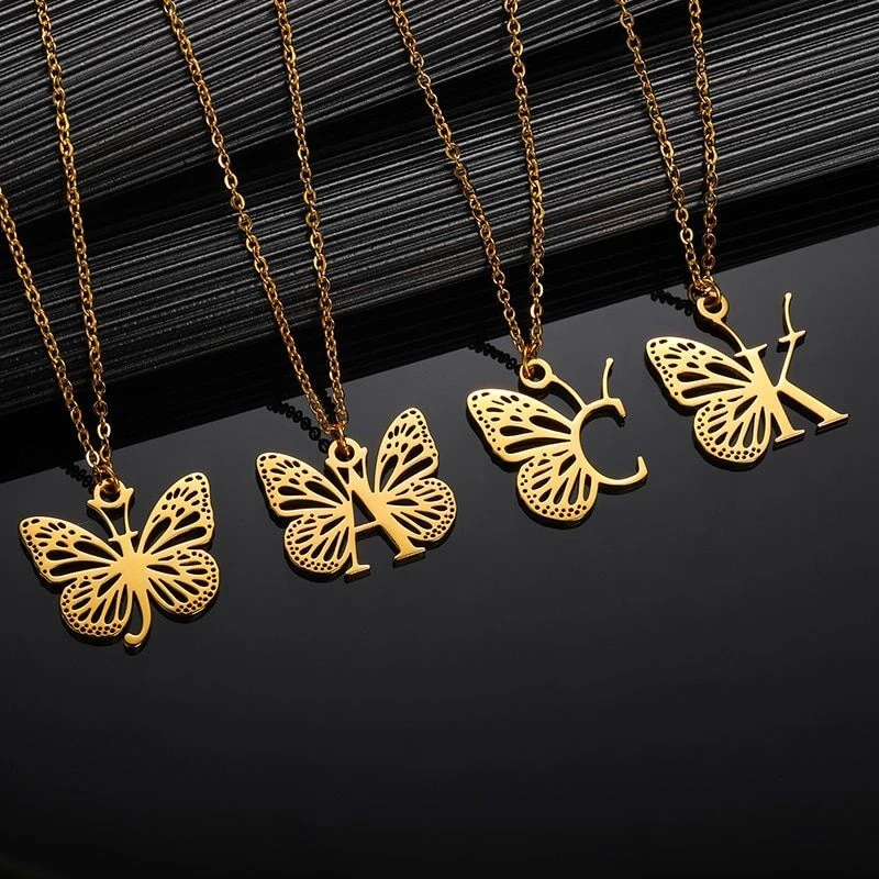 New Custom Initial Letter with Butterfly Pendant Necklace Personalized For Women
