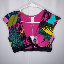 Bleu Rod Beattie Swim Crop Top 8 Multicolor Tropical Animal Tie-Front Lined