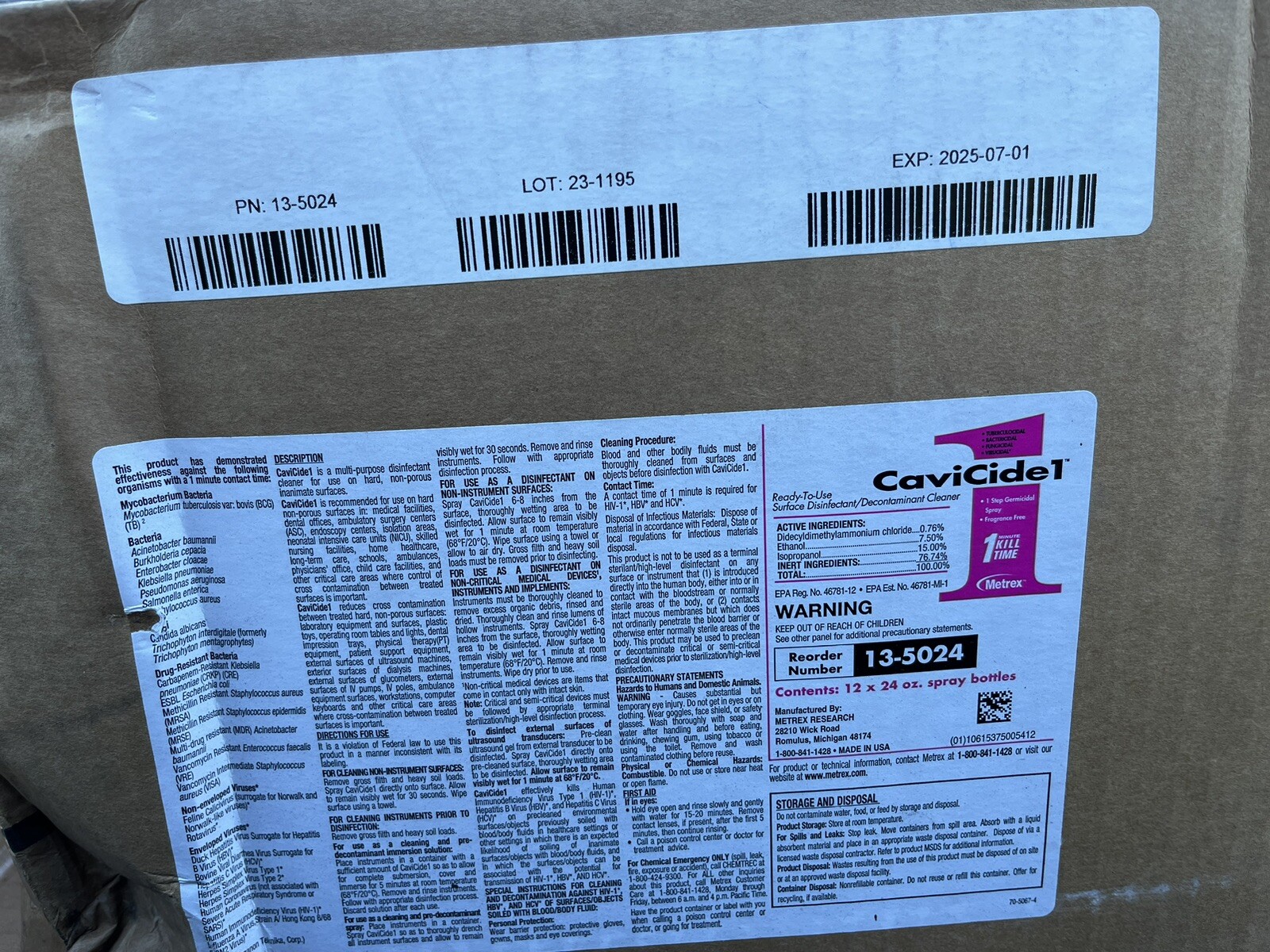 CaviCide1 Liquid Surface Disinfectant Cleaner (2.25 Gallons) 12 x 24