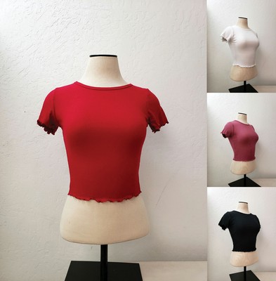 Women Basic Casual Stretch Ribbed Short Sleeve Crew Neck Crop Top Shirt RT52541