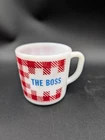 Vintage Westfiled Milk Glass THE BOSS Red White Gingham Plaid Coffee Mug Cup