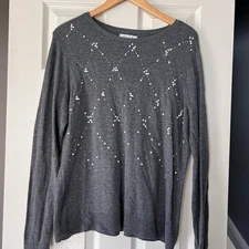 ELLE Womens XL Pearl Embellished Sweater Gray Long Sleeve Knit Pullover Top