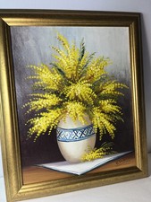 VINTAGE FRAMED FLORAL MIMOSA PAINTING  ART OIL? SIGNED H. SALON ? SALOM ORIGINAL