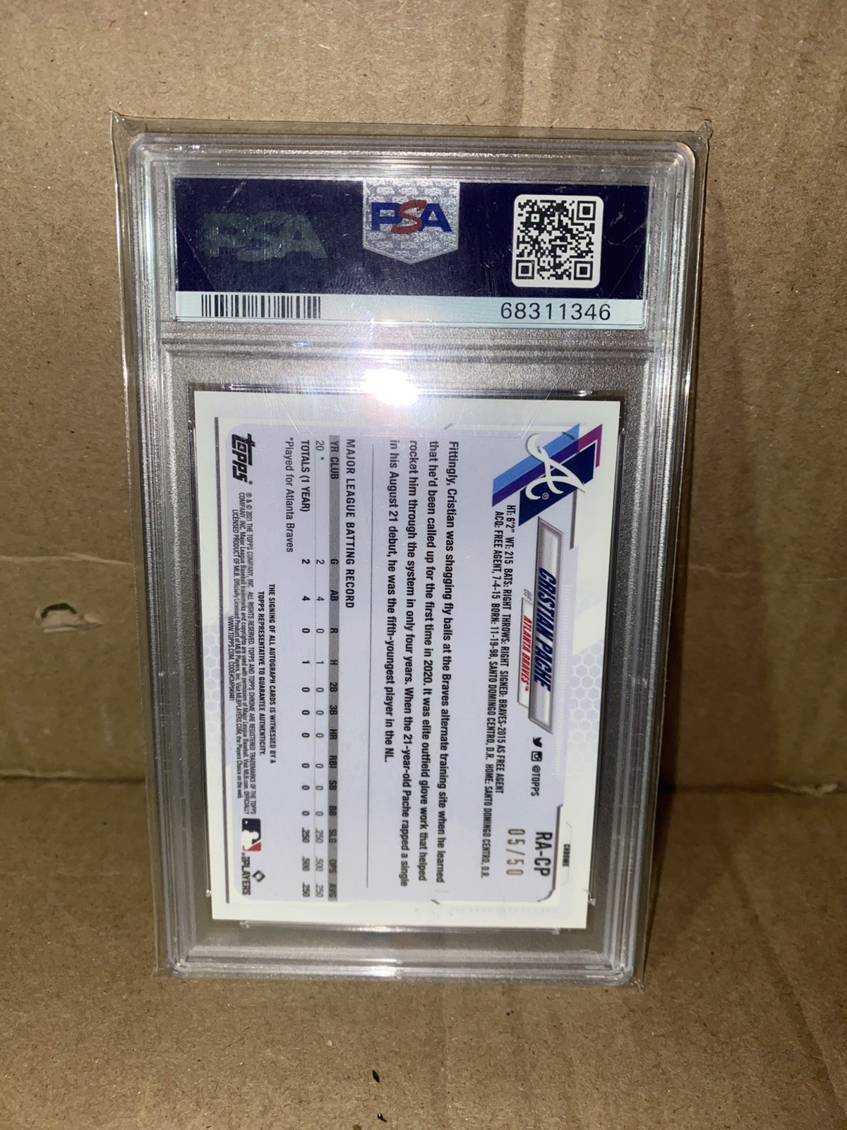 2021 Topps Chrome Sapphire Cristian Pache Rookie Auto Green /50 PSA 10 Braves view 2