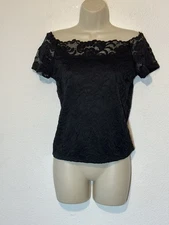 Women Large Black Lace Off Shoulder Top Y2K Dark Romantic Coquette Goth Dainty