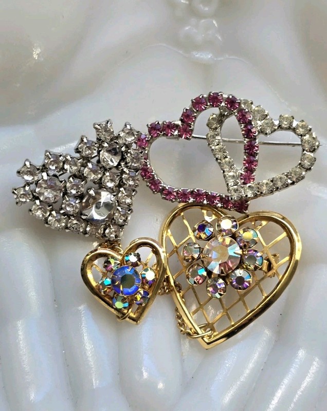 Vtg Jewelry Heart Brooch Pin Lot Double ❤️ Chatelaine AB, Clear Pink rhinestones