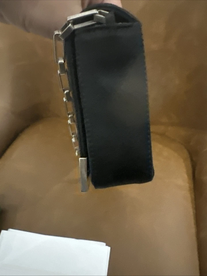 Authentic CHANEL Chocolate Bar Chain Clutch Bag Quilted Satin Mini in Blue Black - Image 3 of 4