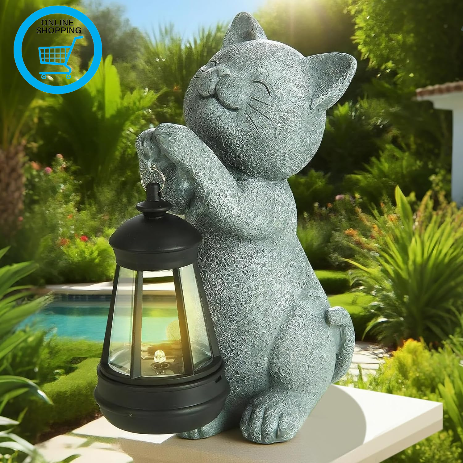 Solar Cat Garden Statue with Lights, Outdoor Cat Decor with Solar Powered LED -