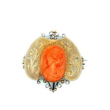 Victorian Coral Cameo 14k Yellow Gold Brooch Circa 1880