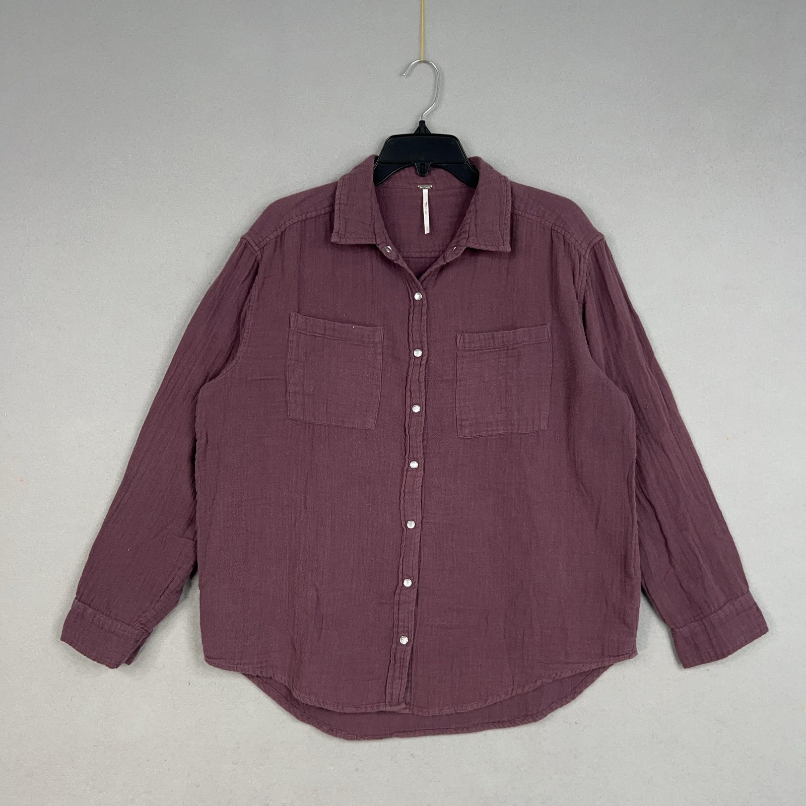 FREE PEOPLE Shirt Womens Small Purple Double Gauze Pearl Snap Boho Oversized