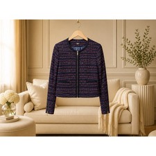Tommy Hilfiger Navy Red Tweed Zip Front Blazer Jacket Size 12 Preppy Academia