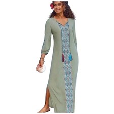 NWT Soft Surroundings Embroidered Maxi Dress Olive Green VNeck Tassel Sz L 14/16