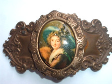 Antique Victorian Copper Repousse Porcelain Cameo Hair Barrette