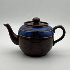 Vintage English Teapot Brown Betty Style Brown with Blue Striped Banding tea pot