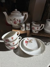 Vintage Floral Tea Set White Rose Pattern Teapot Cups Creamer Sugar