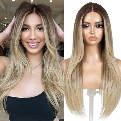 HD Lace Front Wig Human Hair Blend Highlights  Straight DirtY bLONDE