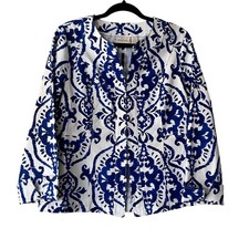 Chico's Damask Blazer Jacket Womens Blue White Scroll Print Textured Size 1/M