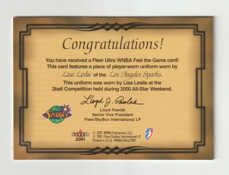 2001 WNBA Fleer Ultra Lisa Leslie Feel The Game Player Worn Jersey LA Sparks BH - Image 2 of 2