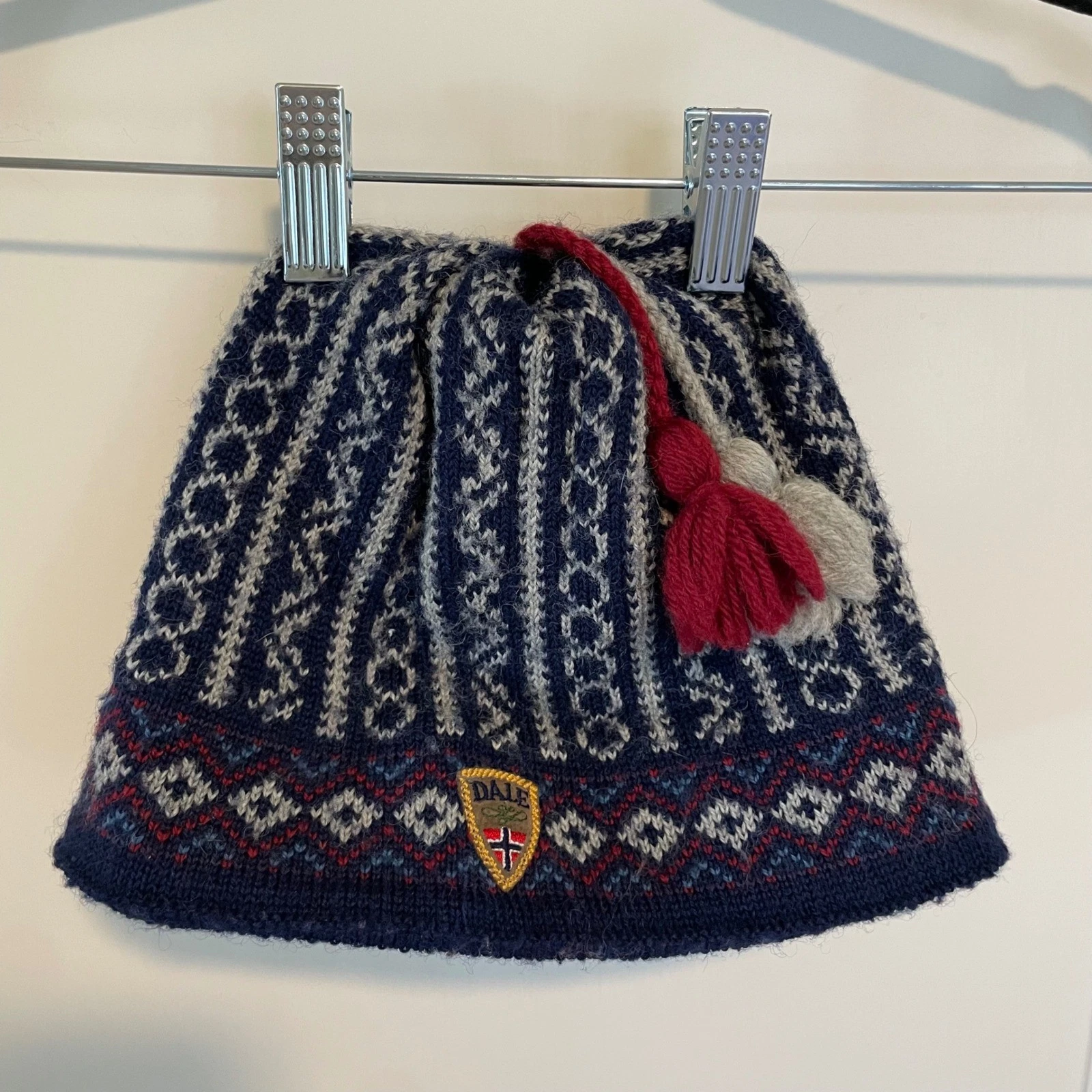 Dale of Norway Wool Beanie Hat Nordic Fair Isle Navy Tassel Fleece Lined
