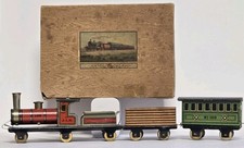 Antique German Tin Penny Train Toy, Engine Cars & Original Box 