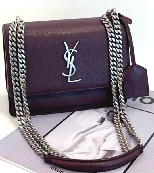 YSL Saint Laurent Sunset PM Leather Chain Shoulder Bag in Wine Red for Women