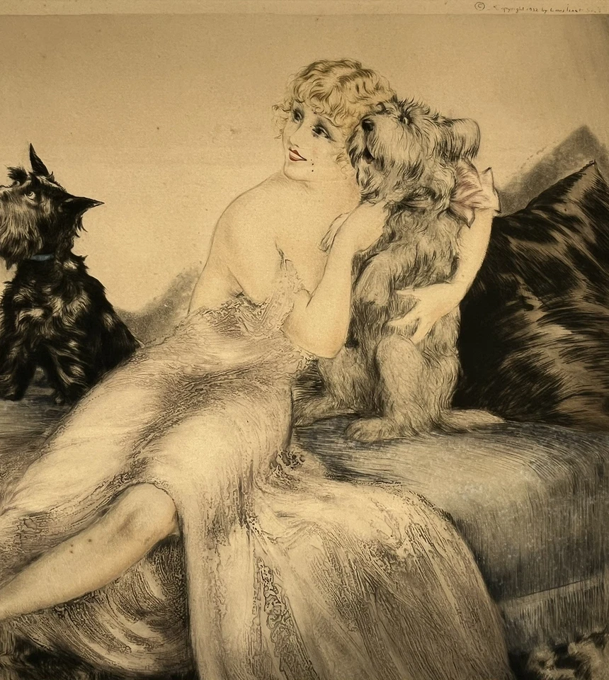 Gravure Art Déco Louis Icart Accord Parfait Femme Chiens Scottish Terrier 1932 - Photo 2/4