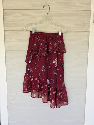 Art Class Girls Butterfly Ruffle Midi Skirt Burgundy Floral High-Low Med 7/8