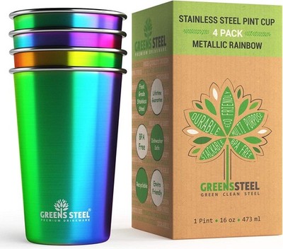 1 Premium Stainless Steel Cups 16oz Pint Tumbler (4 Pack) by - Metal Stackable
