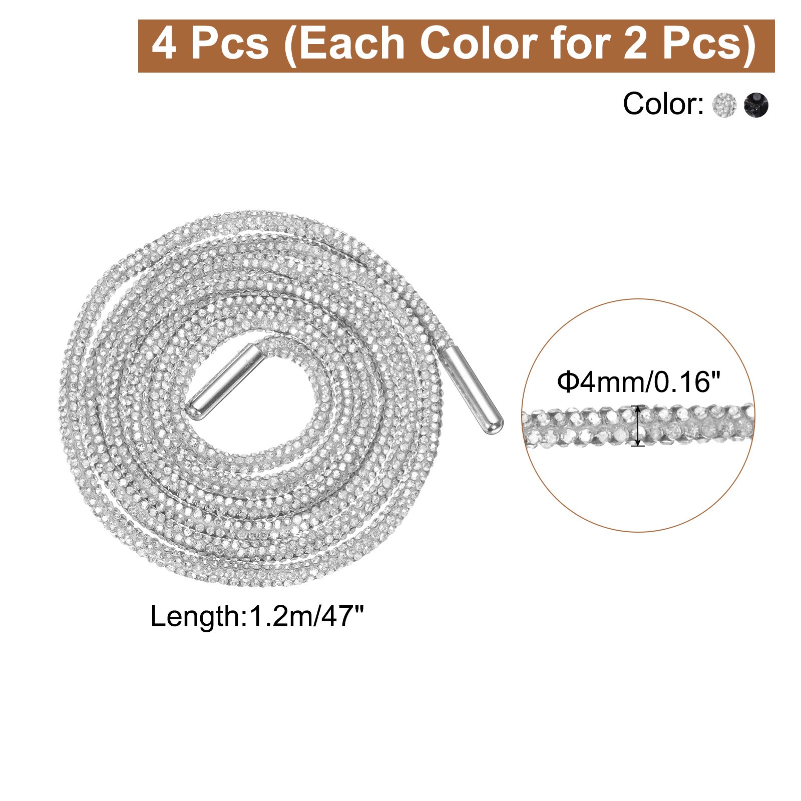 APL 4 Pezzi Lacci per Scarpe con Strass Lunghezza 47" per Sneakers Bianco e Nero