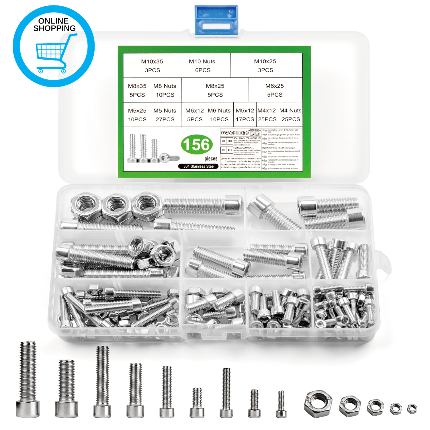 156 Pcs Assorted Nuts and Bolts Assortment, M4 M5 M6 M8 M10 Hex Socket Head Cap