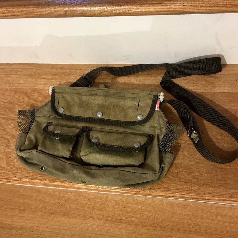 Vintage Creel, canvas, faded army green, w/ fishing supplies expandable  belt