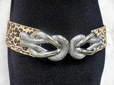 NEW WOMEN BEIGE ELASTIC LEOPARD BELT W DOUBLE KNOT SILVER METAL BUCKLE 29"-34"