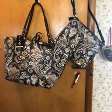 Sydney Love Trends Reversible Medium Tote Black Paisley/black 3 Bags In One  New