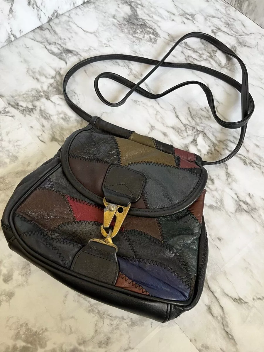 Vintage 80s 90s Leather Black Multi Color Patchwork Small Crossbody Bag  Purse