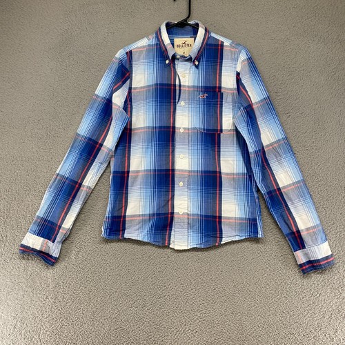 Hollister Shirt Herren mittelblau weiß rot kariert langärmelig geknöpft