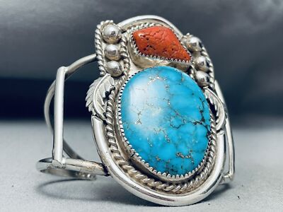Towering Vintage Native American Navajo Morenci Turquoise Coral Sterling Silver Bracelet Towering Vintage Native American Navajo Morenci Turquoise Coral Sterling Silver Bracelet