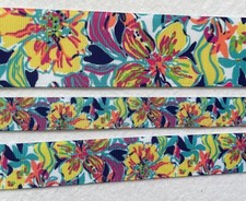 Pretty blue yellow floral Grosgrain ribbon 5/8" 7/8" 1.5" Palm beach flowers