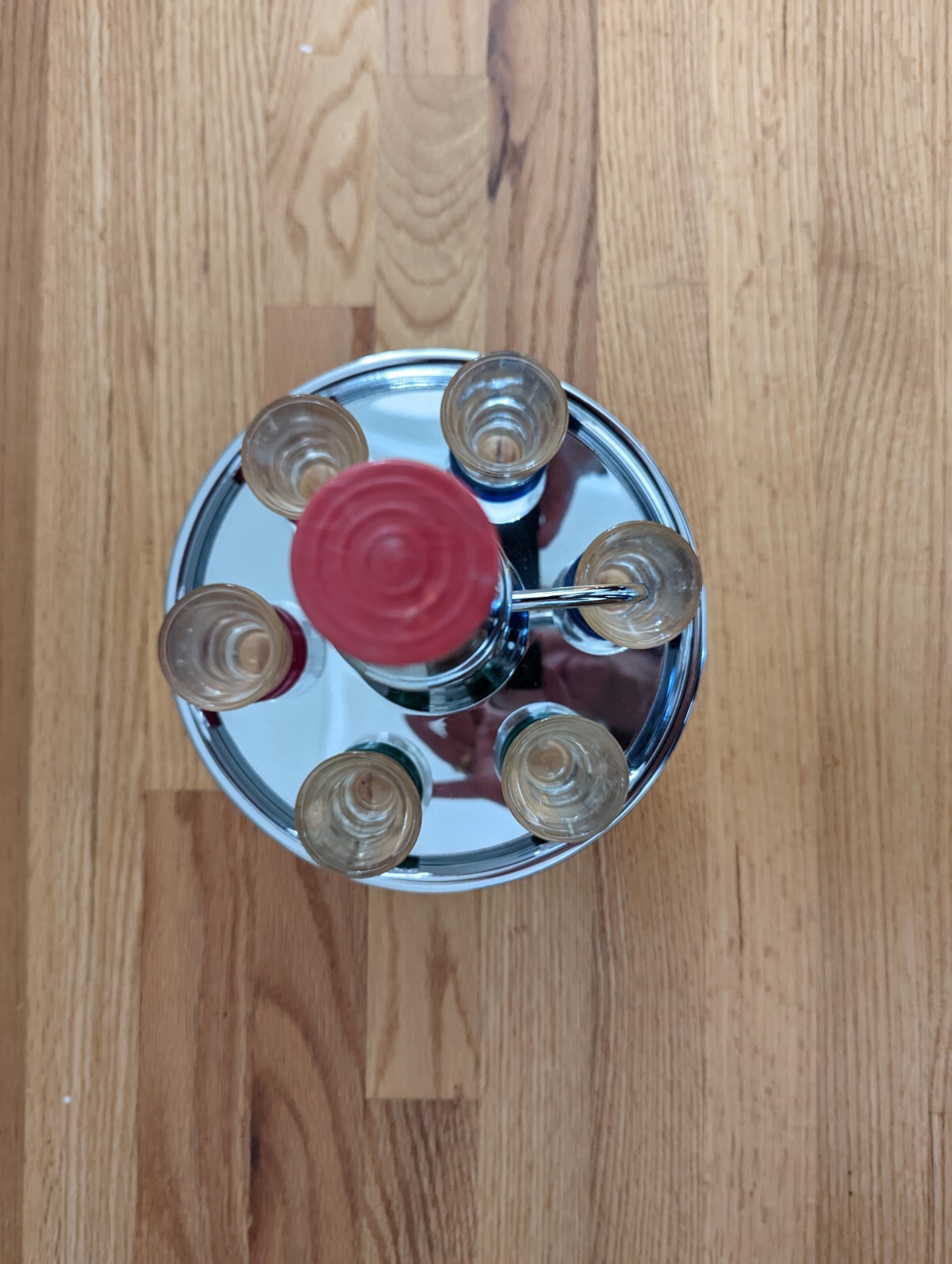 Vintage MCM Liquor Dispenser Pump Decanter 6 Shot Glasses in Chrome Tray Barware