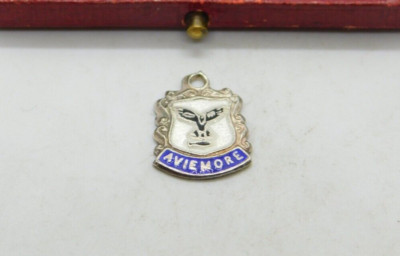 Sterlingsilber & Emaille schottischer Aviemore Schild Charm Anhänger Vintage um 1970