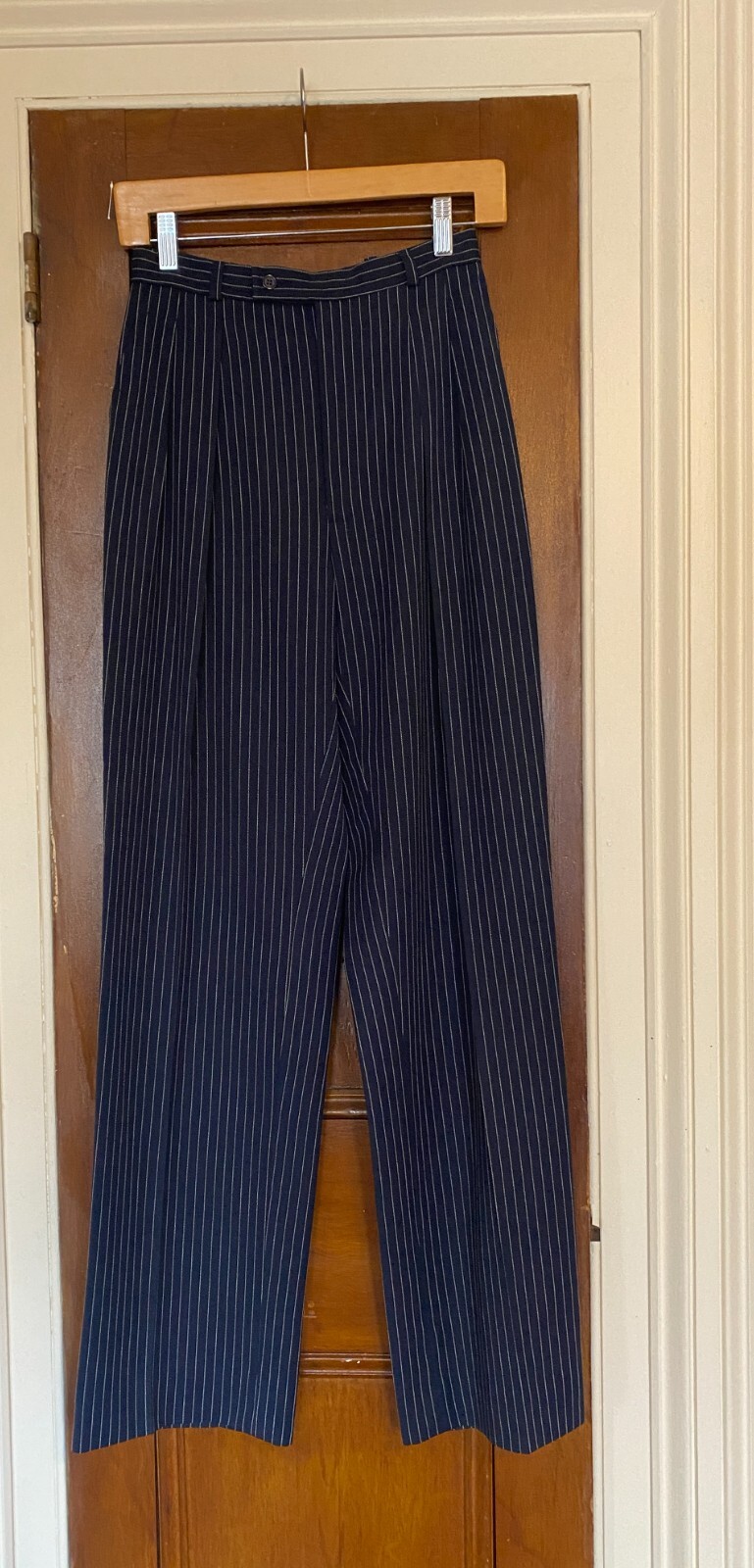 Pantalone donna vintage Saint Laurent blu navy spilla righe XS 38 vita alta lungo