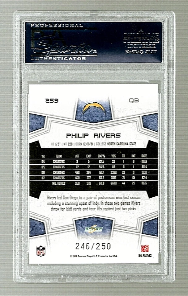 Tarjeta de fútbol americano 2008 Score 259 Philip Rivers PSA 10 Low Pop Super Bowl brillante/250 Foto 4 de 4